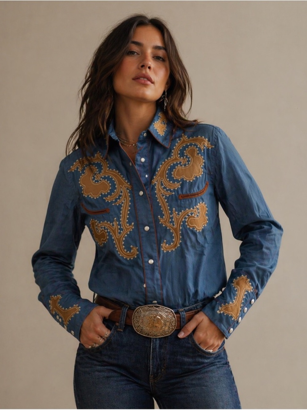 Embroidered Western-Style Blue Button-Down Shirt with Tan Appliqué
